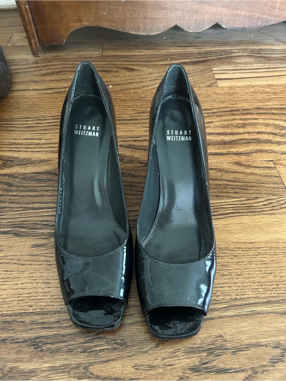 Stuart Weitzman Black Patent Peep-Toe Heels